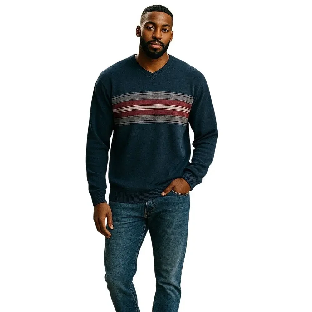 Banana Republic 100% Cotton V Neck Blue Striped Sweater Men's XL Pullover